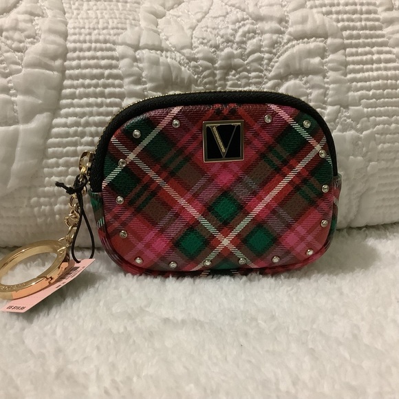 Victorias Secret Plaid Studded Key Chain Ring Essential Pouch Coin Wallet - Picture 5 of 7